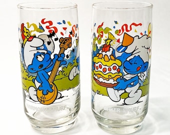 Vintage 1983 Peyo Smurfs Drinking Glasses - Harmony Smurf, Baker Smurf - Pair of 2