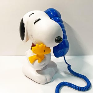 Vintage Peanuts Snoopy & Woodstock blauwe vaste telefoon met drukknop