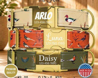 Hunting Dog Collar with Leash, Pheasant and Duck Custom Name Pet Collar, Outdoorsman Dog Gift