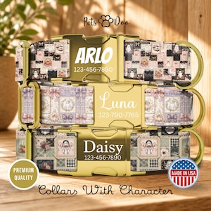 May include: Three pet collars with gold-tone metal buckles, each featuring a personalized name and phone number. The fabric displays a patchwork pattern of ghosts, pumpkins, and bows in muted tones. Each collar includes a gold-tone metal D-ring.