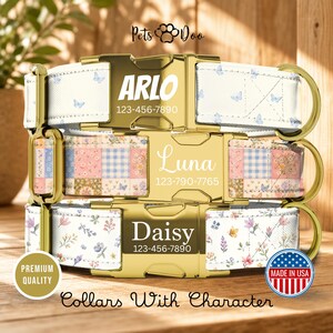 Quilted Patchwork Dog Collar & Leash Set, Personalized Name Floral Pet Collar, Farmhouse Gift for Puppies