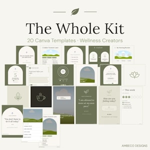 Op de afbeelding: Een verzameling van 20 Canva-sjablonen voor wellness-makers genaamd The Whole Kit. De sjablonen hebben een saliegroen en crèmekleurig palet met boogvormige kaders, lijntekeningen en tekstprompts voor dagelijkse routines en gewoonte-tracking.