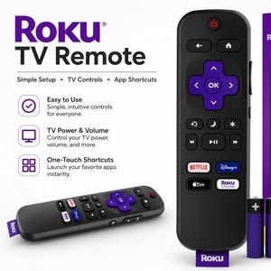 May include: A black Roku TV remote with a purple directional pad, power button, and app shortcut buttons for Netflix, Disney+, Apple TV+, and The Roku Channel. The set includes two purple batteries and a purple product box with Roku branding.
