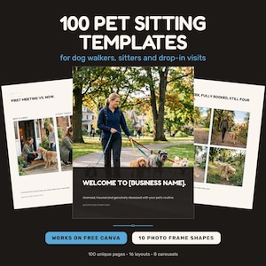 Plantillas para redes sociales de cuidado de mascotas y paseo de perros / 100 publicaciones editables / Kit de marketing para cuidadores de mascotas / Imagen de marca para negocios de paseadores de perros