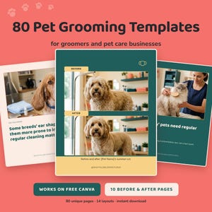 May include: A digital collection of 80 pet grooming templates for pet care businesses, featuring a coral background with white text. The templates display before and after photos of dogs and cats, grooming tips, and branding elements for Canva.