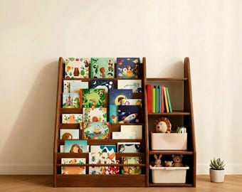 Libreria Montessori - Scaffale per bambini in legno massello, libreria per cameretta, contenitore per la stanza dei giochi, scaffale per libri per neonati, libreria bassa, scaffale per giocattoli, 7 ripiani