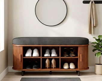 Wooden Shoe Storage Bench - Entryway Bench, Shoe Cabinet Bench, Hall Bench, Modern Shoe Rack, Mudroom Furniture, Cushion, Sliding Door
