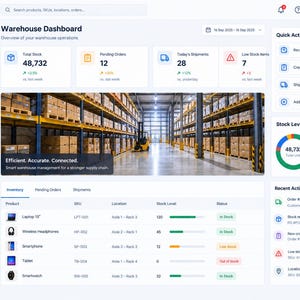 May include: A StockFlow warehouse dashboard interface displaying inventory metrics, pending orders, and shipment data. The screen features a central image of a warehouse aisle, a sidebar navigation menu, and a right-hand panel showing stock levels and recent activity logs.