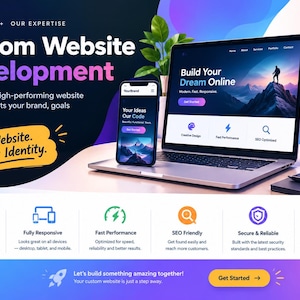 May include: A digital marketing graphic for custom website development featuring a laptop and smartphone displaying web interfaces. The text reads Custom Website Development, Your Website. Your Identity., and Build Your Dream Online. Includes icons.