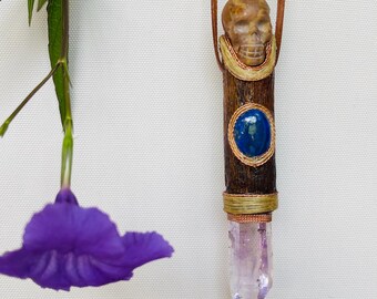 Crystal Talisman Amulet, Agate Skull, Lapis Lazuli, Amethyst Point, Inner Vision Awareness
