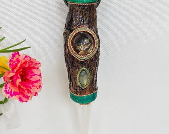 Shamanic Talisman Amulet, Jade, Smokey Quartz, Labradorite, Lemurian Quartz, Wood, Copper (12x2.5cm)