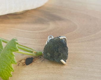 Natural Heart Moldavite Necklace | Raw Czech Crystal in 925 Silver Claws | Genuine Green Tektite Pendant