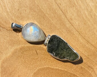 Moldavite Rainbow Moonstone Pendant Whispers of the Moon Intuition Inner Peace and Soul Guidance