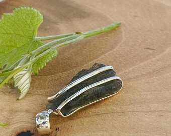 Sculptural Moldavite Pendant | Raw Czech Tektite with 925 Silver Detail | Natural Green Crystal Necklace
