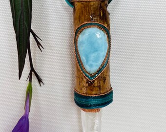Ocean Heart Fractal Talisman Necklace: Larimar, Quartz, Sacred Geometry Brass Star
