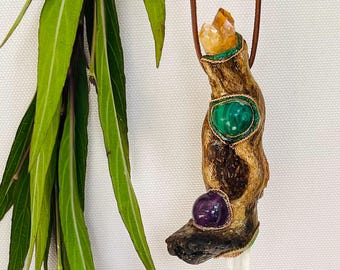 Crystal Talisman Amulet of Knower of Creative Passion with Citrine, Malachite, Orange Kyanite, Amethyst Sphere, Clear Quartz