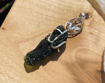 Moldavite  Herkimer Diamond Pendant  Handmade 925 Sterling Silver Genuine Moldavite for Spiritual Awakening & Higher Consciousness