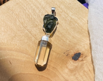Moldavite Pendant with Natural Citrine Point Handmade 925 Sterling Silver  Genuine Moldavite for Prosperity & Personal Growth