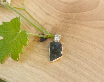 Compact Moldavite Pendant | Genuine Czech Green Tektite in 925 Sterling Silver Band | Raw Crystal Necklace