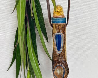 Crystal Shamanic Talisman Amulet of Ancient TIme Keeper of SLef Knwing with Citrine, Lapis Lazuli, Lybian Desert Glass, Clear Quartz
