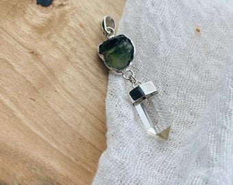 Moldavite & Natural Pale Citrine Point Pendant Handmade 925 Sterling Silver Genuine Moldavite for Purpose Abundance