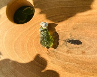 Jagged Teardrop Moldavite Pendant | Genuine Czech Green Tektite with 925 Sterling Silver Cap | Raw Crystal Necklace