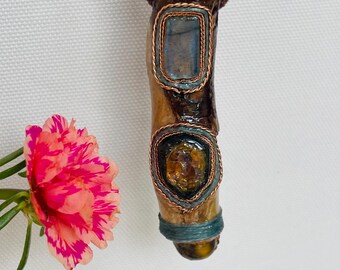 Crystal Talisman Amulet of Earth Soul Protector with Citrine Sphere, Labradorite, Watermelon TOurmaline, Tiger's Eye, Australian Gum Tree