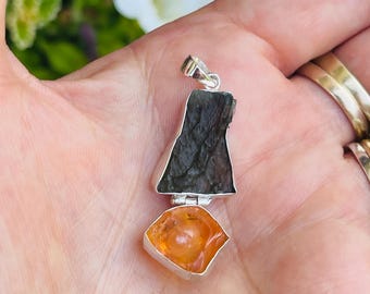 Moldavite Pendant with Mexican Fire Opal | Handmade Moldavite Pendant | Genuine Crystal Pendant for Transformation