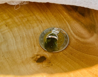 Genuine Czech Moldavite Pendant | Raw Green Tektite, Curved Sterling Silver Bands