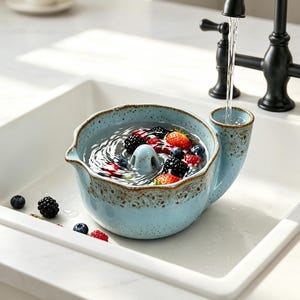 Handgemaakte keramische schaal met vortex-bessenmotief, geglazuurd in de oven, fruitvergiet/spoelkom, keukenaccessoire in cottagecore-stijl, cadeau voor een nieuw huis of housewarming.