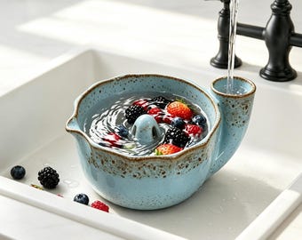 Handmade Kiln Glaze Ceramic Vortex Berry Washing Bowl, Fruit Colander Rinse Bowl, Cottagecore Kitchenware New Home Housewarming Gift