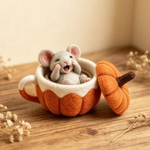 Nadelfilz-Kürbismaus-Figur, handgefertigte graue Wollfilzmaus, Herbstliche Tischdekoration, Herbstgeschenk, Etageren-Dekoration, Halloween-Geschenk