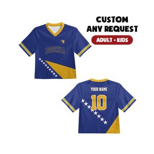 Personalized Bosnia Jersey, Blue Shirt with Name Patch for Kids, Women and Men