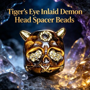 May include: A brown and gold tiger's eye stone spacer bead shaped like a demon head with gold-toned horns, a gold-toned stitched mouth, and clear crystal-encrusted eye sockets. The text "Tiger's Eye Inlaid Demon Head Spacer Beads" is visible.