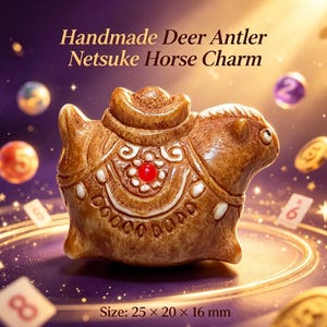 Handmade Deer Antler Netsuke Horse Charm, "Get Rich Soon" Symbol Pendant, Bag Accessory, Good Fortune Talisman, Unique Collector Gift