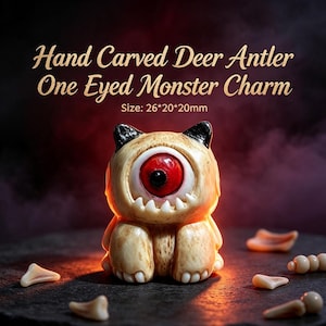 May include: A hand carved deer antler charm shaped like a one eyed monster with a large red eye, small white teeth, and black ears. The charm measures 26 by 20 by 20 mm. The text Hand Carved Deer Antler One Eyed Monster Charm is visible above.
