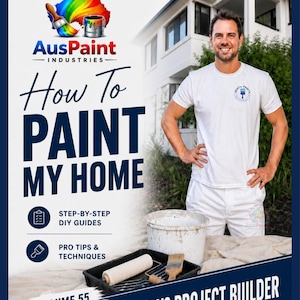 May include: A guide titled The Complete DIY Guide Series, How To Paint My Home, Volume 55, Boutique Builder vs Project Builder by Corey Hicks. It features a person in white clothing, a paint bucket, a roller, and a brush.