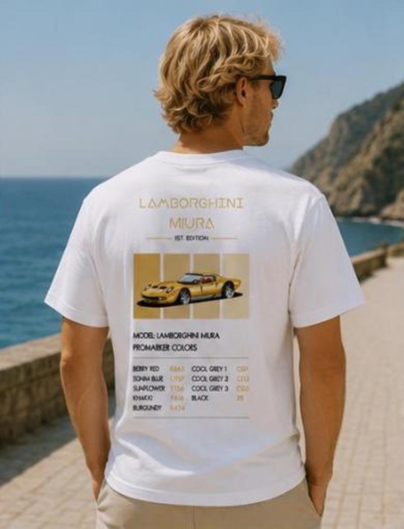 Lamborghini Miura, retro t-shirt design / original artwork, exotic cars / Automotive Gift / Limited Edition imagem 4