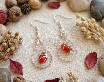 Carnelian Drop Earrings, Silver-Plated Wire Wrapped Jewelry, Boho Chic Earrings with Natural Red Stones, Gift for Her