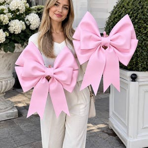 Peut inclure: Deux grands nœuds décoratifs rose clair fabriqués dans une matière lisse et mate. Chaque nœud présente un centre noué et deux longs pans pointus tombant vers le bas. Les nœuds sont structurés avec plusieurs boucles superposées.