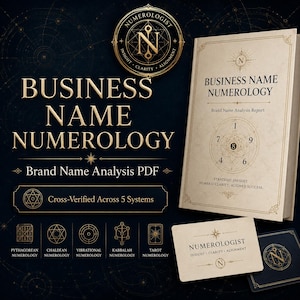 Puede incluir: Un informe digital titulado Business Name Numerology con un logotipo dorado que muestra una N, una portada de libro con el mismo título y una tarjeta rectangular. El diseño incluye símbolos geométricos dorados y texto sobre sistemas.