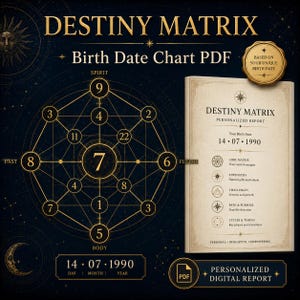May include: A Destiny Matrix birth date chart PDF featuring a gold geometric diagram with numbers on a dark blue celestial background. Beside it, a beige report page displays the title Destiny Matrix, birth date 14.07.1990, and section headers.