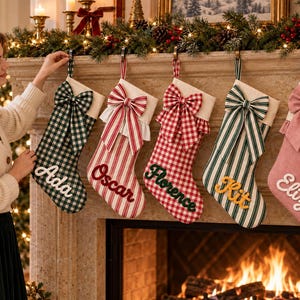 Custom Family Christmas Stocking with Bow, Raised Yarn Lettering, Farmhouse Holiday Decor