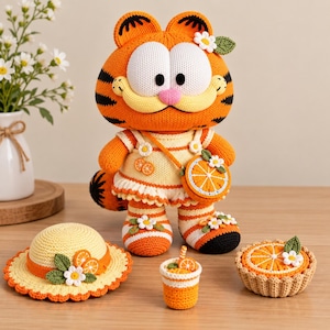 May include: A crocheted orange tabby cat doll with black stripes, wearing a cream and orange striped outfit with a matching crossbody bag. Accessories include a crocheted sun hat, a small orange drink, and a tart, all decorated with flowers.