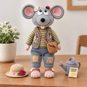 May include: A knitted mouse doll with gray fur, pink inner ears, and a small ladybug on its head. It wears a green striped sweater, a floral embroidered vest, blue pants with patches, and a brown satchel. Includes a straw hat and a gray watering can.