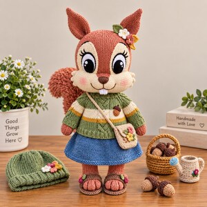 May include: A crocheted squirrel doll with large eyes, wearing a green and cream striped sweater, a blue skirt, and brown sandals. It has a small crossbody bag with flowers, a flower hair accessory, and a bushy tail. Accessories include a green beanie, a basket of acorns, and a small watering can.
