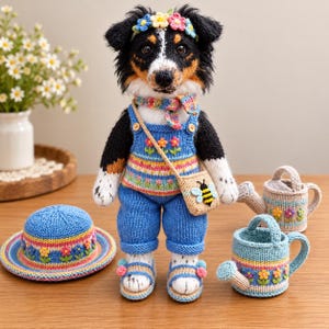 Könnte beinhalten: Eine gestrickte Hundefigur mit Blumenkranz, buntem Streifenschal und blauer Latzhose. Der Hund trägt eine kleine beige Tasche mit Bienenmotiv und blaue Sandalen. Daneben liegen ein passender blauer Sonnenhut und zwei kleine gestrickte Gießkannen.