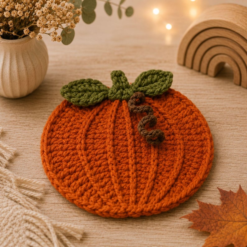 Peut inclure: Un dessous de verre en crochet orange en forme de citrouille, dot&eacute; de coutures c&ocirc;tel&eacute;es verticales, de deux feuilles en crochet vert fonc&eacute; sur le dessus et d'une petite vrille en crochet marron en spirale fix&eacute;e &agrave; la tige.