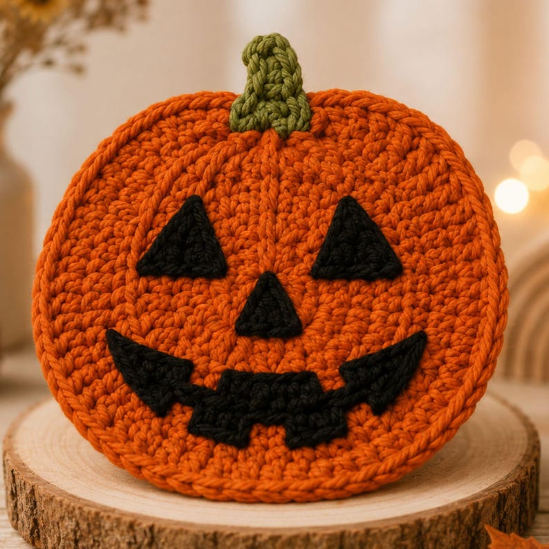 Peut inclure: Un dessous de verre rond en crochet orange repr&eacute;sentant une citrouille avec un visage de jack-o'-lantern, deux yeux triangulaires noirs, un petit nez triangulaire noir et une large bouche noire dentel&eacute;e. Une petite tige verte textur&eacute;e est au sommet.