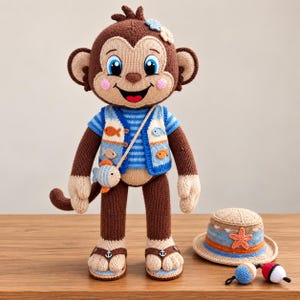 Può includere: Una bambola a forma di scimmia lavorata a maglia marrone, che indossa una maglietta a righe blu, un gilet color crema con applicazioni di pesci arancioni e blu e una borsa a tracolla a forma di pesce. Indossa infradito marroni con ciondoli a ancora.